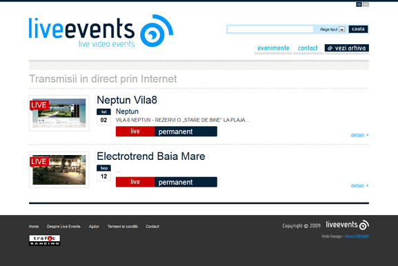 Prima pagină a web site-ului Live Events.