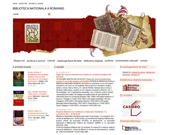 Prima pagina pe site-ul web Biblioteca Națională a României
