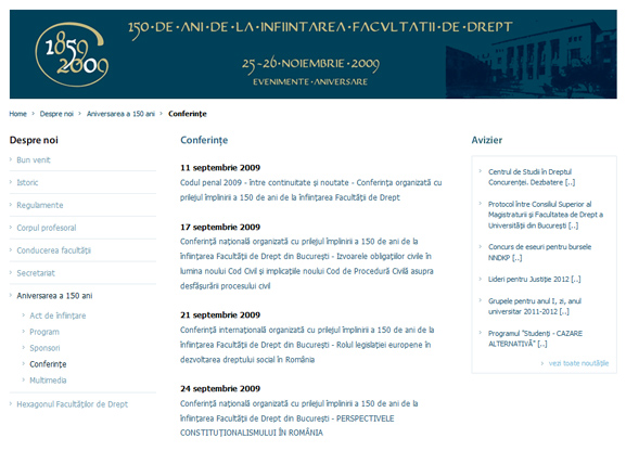 Pagina de interior a website-ului Facultății de Drept