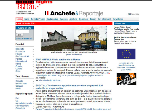 Human Rights Report. Anchete & Reportaje. Prima pagină a site-ului.