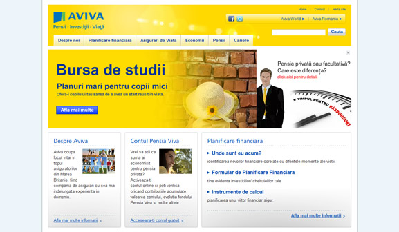 Prima pagina a website-ului Aviva România