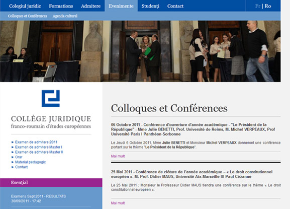 Pagina de interior a site-ului web Colegiul Juridic de Studii Europene