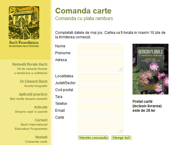 Formularul de comandă a cărții în site-ul web remediiflorale.ro