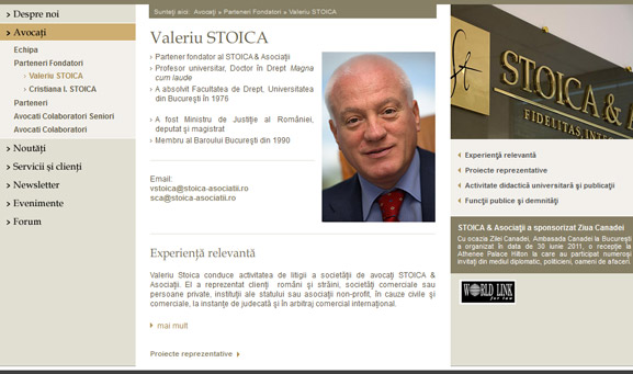 Pagina de prezentare a d-lui Valeriu Stoica pe website-ul Stoica & Asociații